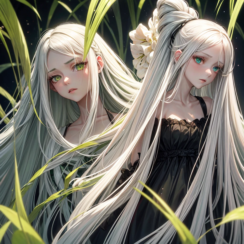 long white hair, possibly with loose locks framing her face. intense green eyes, with a mysterious and penetrating shine. Pale and soft skin, with a voluptuous and elegant complexion. Oval face, with high cheekbones and a thin nose. Thin lips painted a light red color. A more expensive skin similar to Kimimaro&#39;s, but with a more feminine and delicate design. A tight black suit, and a silhouette that enhances your feminine figure. An ethereal and mysterious presence, with an aura of power and elegance