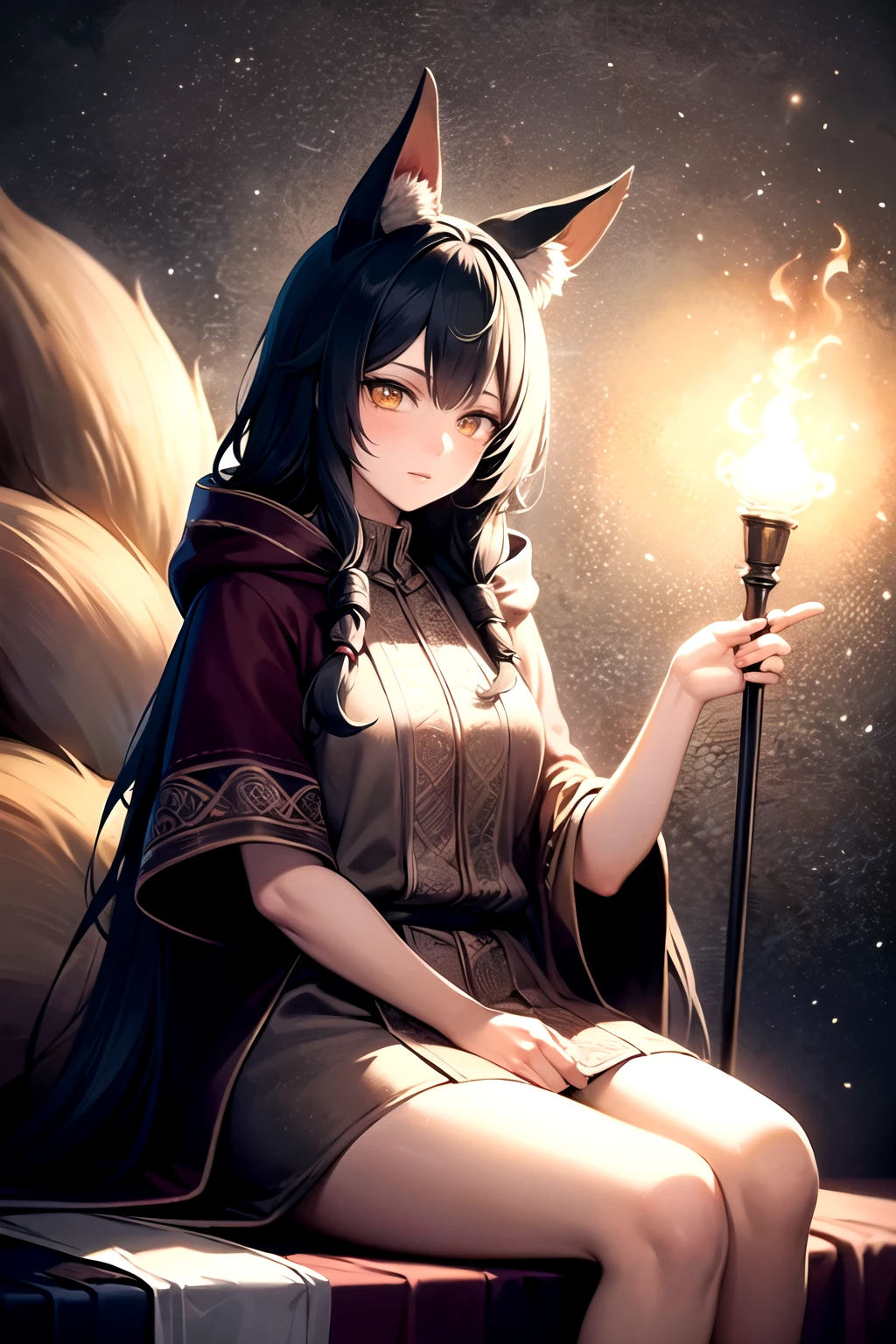 (high quality, best quality, 4k, 2k, (intricate:1.1), (high detail:1.3)), ((fantasy, abstract background)), (official wallpaper, volumetric lighting, dynamic lighting), 1girl, solo, (fox girl, fox ears, fox tail, matches hair color),very long hair, curly hair, black hair, (yellow eyes), druid, robe, hood, holding staff, jewelry, sitting, ((relaxed, calm, peaceful)) magical energy,