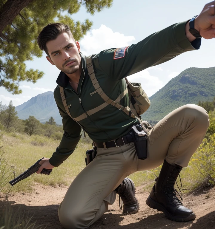 30 years old,One Man,、John George Agar、 cavalry、wilderness、Squat with your legs wide apart、Hold a gun,logic,Gay ,Very short hair,Stubble,Cool handsome guy、The crotch area is bulging