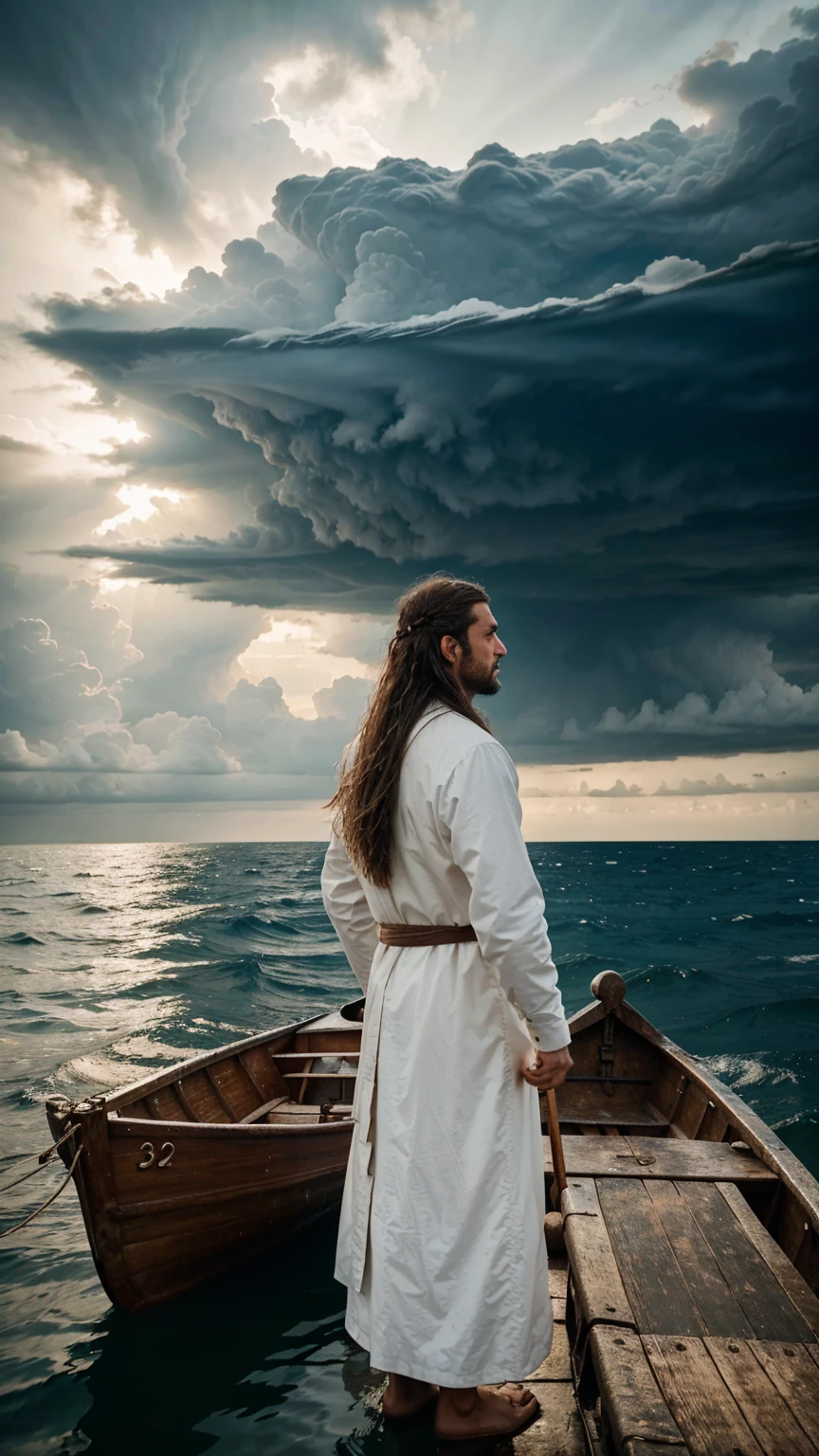 An old pious man with long hair is standing in a boat on the sea. The sky is covered with clouds.
back view,back view,
Hyper-realistic photography, gentle soft natural lightning, real photo,Cinematic style,realistic environment,low contrast, 32k resolution , highly detailed, realistic dress. Ultrarealistic water, hills