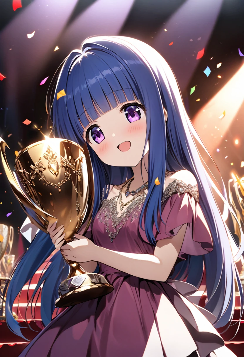 (Award-Winning Moment), (Rika Furude), Blue Hair, Purple eyes, Long Hair, blunt bangs, bangs, 1 girl, (Award Ceremony), Luxury Dresses, Spotlight, applause, necklace, ((Curved Crystal Trophy)), (confetti), stage, Red carpet, (Luxury venue)