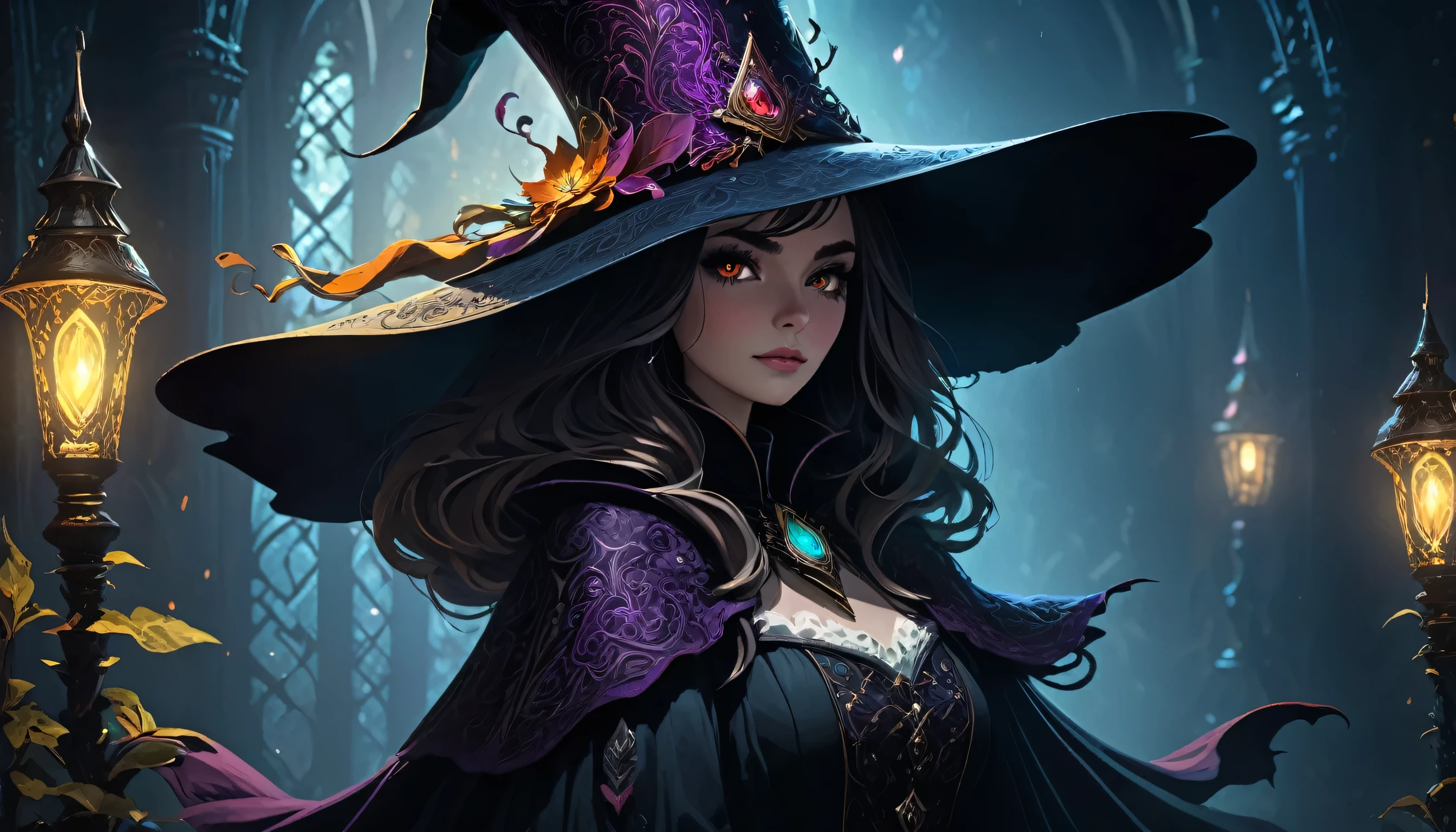 a cute warlock woman in a dark fantasy world, wearing a big hat, alone in the distance, dark background, intricate details, cinematic lighting, dramatic atmosphere, rich colors, dark and moody, masterpiece