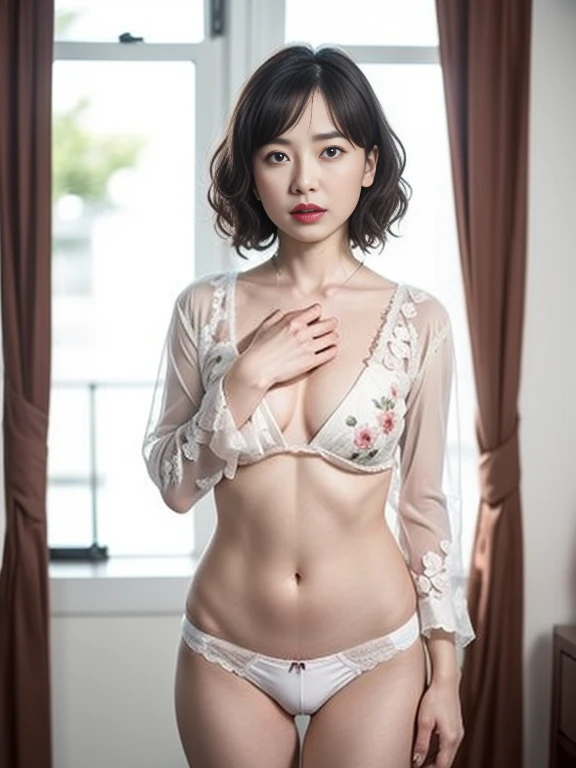 Full nudity、Gray background、pubic hair、Large Breasts、Thighs、Red lipstick、(((Glaring)))、Curly Hair、Disheveled Hair、White sheer panties、Cute woman、Floral Panties、