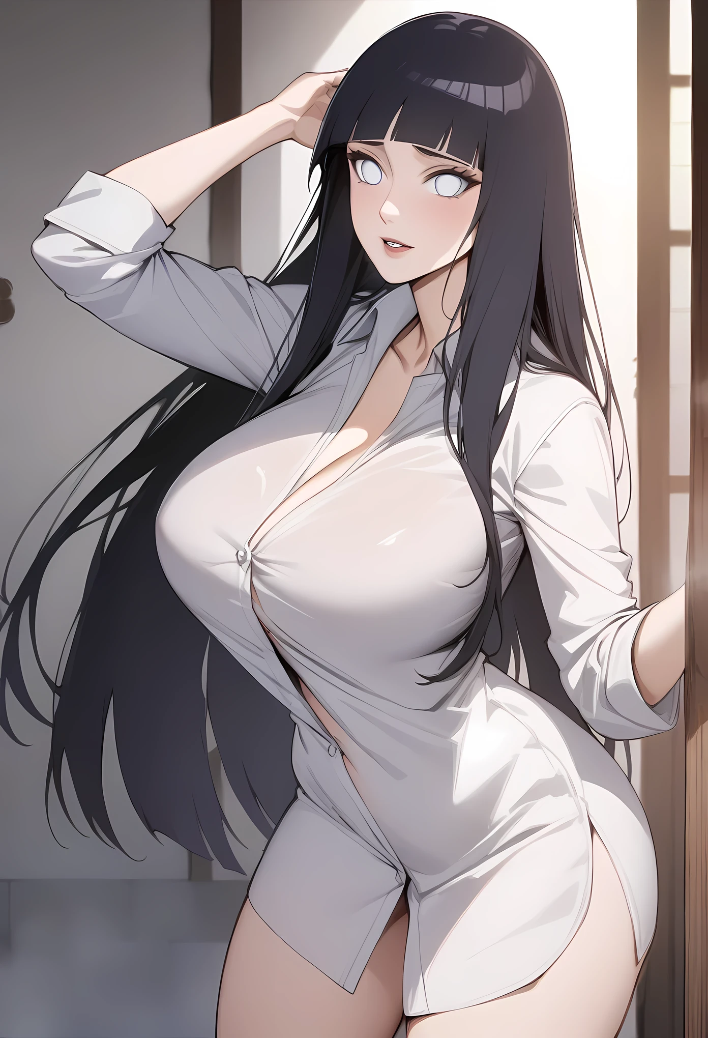 masterpiece, best quality, very aesthetic, absurdres, 1girl, mature_lady,naked_shirt,,hyuuga_hinata, naruto_(series), naruto_shippuuden, 1girl, white_eyes, no_pupils, black_hair, blunt_bangs, byakugan, hime_cut, large_breasts, long_hair,,