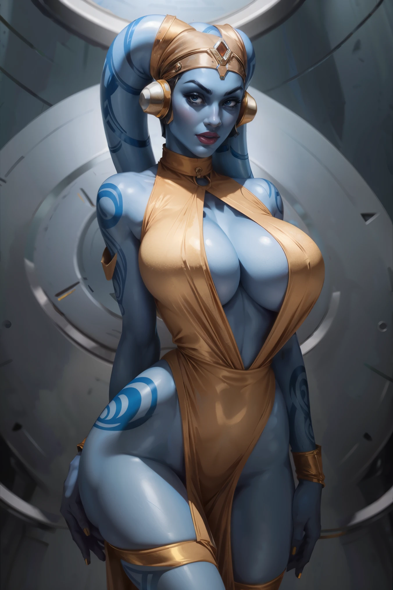 Tall Blue Skin Twi'lek with (huge breasts) wearing a tight short gold minidress, short dress, miniskirt, high neck, sleeveless, (keyhole cleavage), tattoos, huge breasts, cleavage, tall, graceful, (tall, long legs), toned, slim hips, small waist, full-body shot
