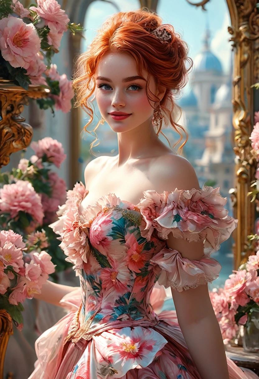 A red-haired girl 23 years old, vivacious and beautiful, in a beautiful pink floral dress. Her charming light red hair falls over her shoulders in thick waves. She has fair skin tone. Beautiful eyebrows. Round face, red lips. Dazzling smile. thin waist. in a ballroom in Paris, Eccentric. Official Art, Award Winning Digital Painting, Digital Illustration, Extreme Details, 4k, Ultra Hd, Rococo, Polished, Intricate, Realistic Fantasy Art, Soft Focus, Concept Art, Wlop Art, Artgerm, (2D Vector Illustration)