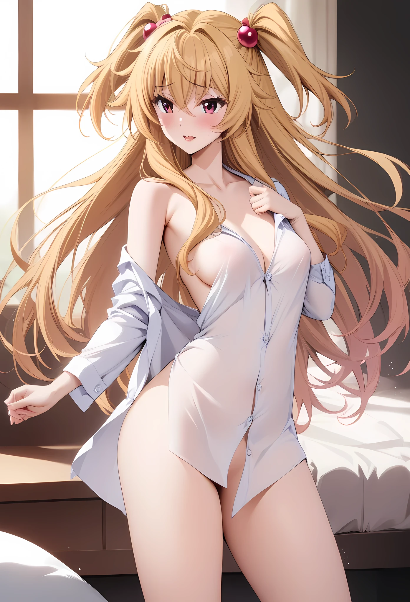 masterpiece, best quality, very aesthetic, absurdres, 1girl, mature_lady,naked_shirt,,konjiki_no_yami(to_love-ru), to_love-ru,1girl, blonde_hair, long_hair, two_side_up, red_eyes, small_breasts,,