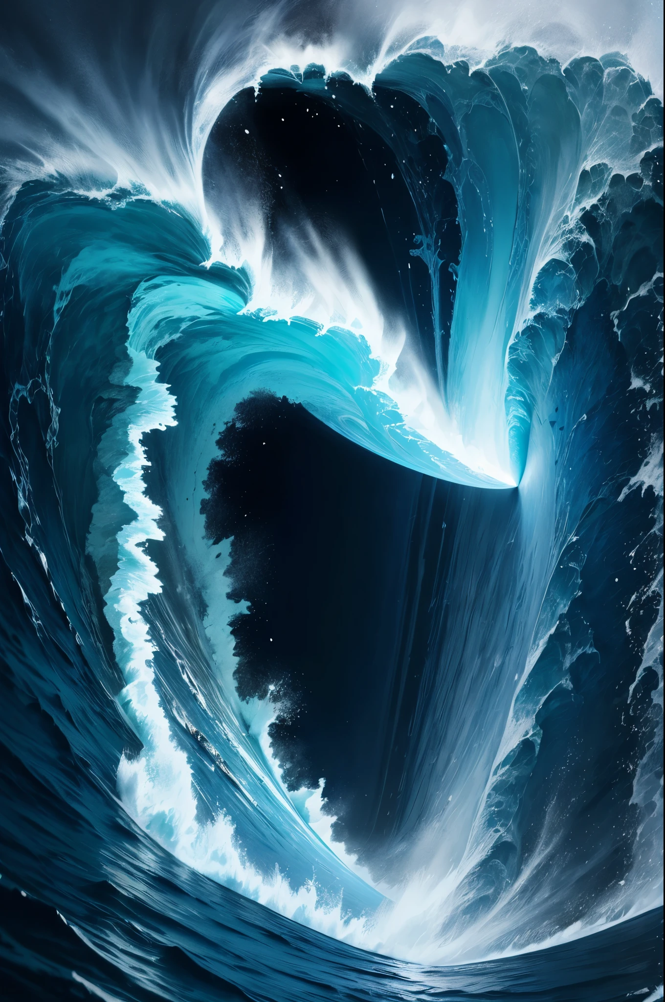 A great collapsing ocean, shades of blue, feeling of depth, choppy water. It is possible to observe a face forming