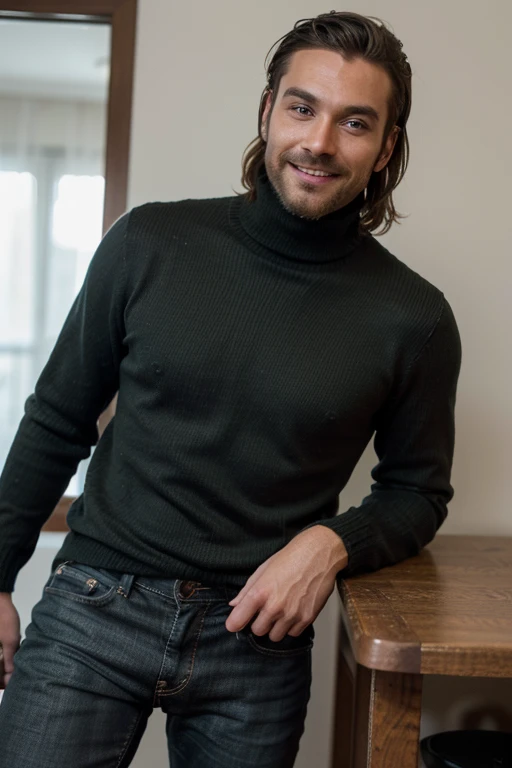 Tall 1.85 metres, English Male, 38 years old, muscular, thin, unshaved stubble beard, olive skin, tanned, handsome green eyes, deep sight, wavy hair medium long, classy dressed casual badass, in black clothes smiling, he wears, black jeans, turtleneck sweater