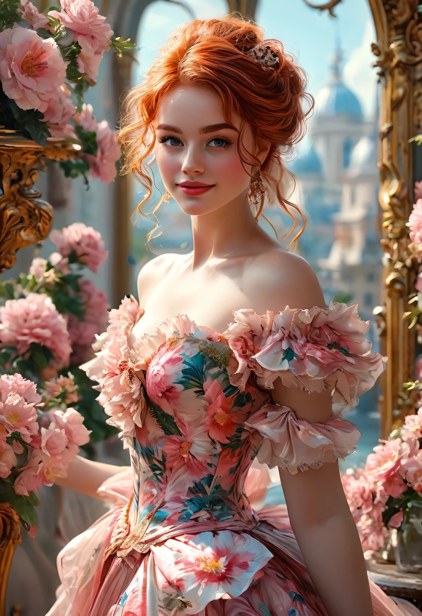 A red-haired girl 23 years old, vivacious and beautiful, in a beautiful pink floral dress. Her charming light red hair falls over her shoulders in thick waves. She has fair skin tone. Beautiful eyebrows. Round face, red lips. Dazzling smile. thin waist. in a ballroom in Paris, Eccentric. Official Art, Award Winning Digital Painting, Digital Illustration, Extreme Details, 4k, Ultra Hd, Rococo, Polished, Intricate, Realistic Fantasy Art, Soft Focus, Concept Art, Wlop Art, Artgerm, (2D Vector Illustration)