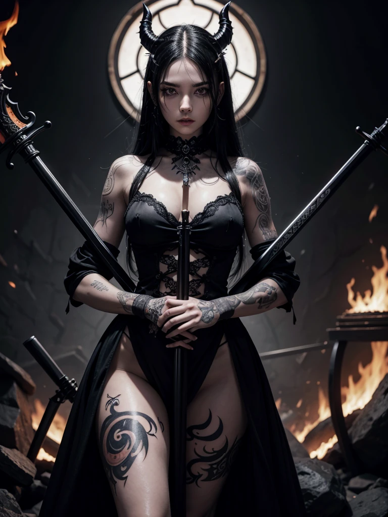 Demonic girl with black and white hair,all tattooed,black gown,holding two great swords,surrounded by black flames and corpses
