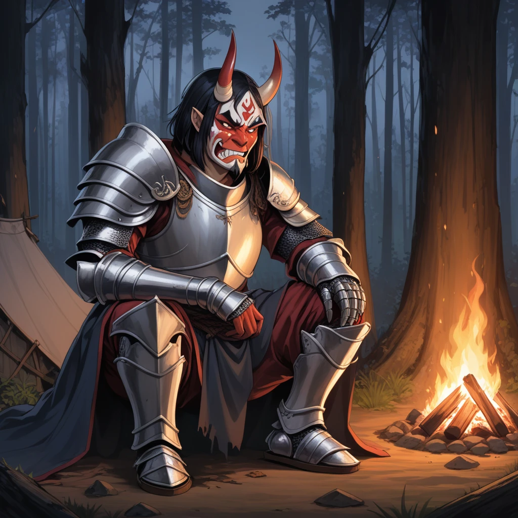 2others,couple, (1man, (human:1.35) , masterpiece, best quality, intricate details, detailed face and body, stubble, (Knight, paladin, fullplate armor, wethered armor, sword in sheats, no helmet, old armor, damaged armor, dirt armor), strong body, short hair, black hair), BREAK
(1girl, masterpiece, cute girl, intricate details, detailed face and body, grumpy face, (Oni, demon, oni horns, red skin, slander tail), (wide samurai pants, geta footwear, breasts bandage), sits across-legged, hands on knees, damaged body, bleeding, arm scar, medium breasts),
near campfire, lean back, tree, looking at viewer, facing viewer, right side view, forest background, dark forest, night time, fire, campfire
