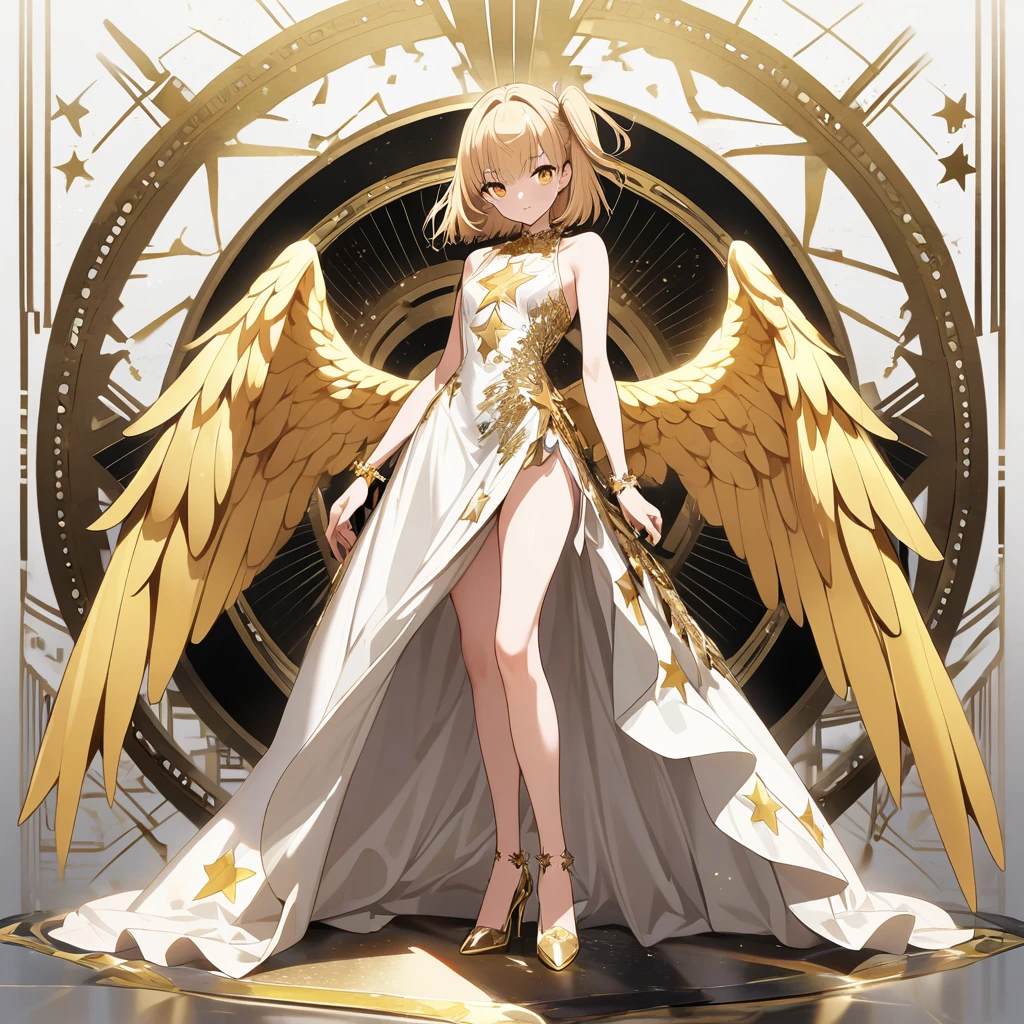 goddess(gold short hair, side-up hair, golden eyes, one-piece long dress, white high heels, golden wings, star-motif bracelet, cool)