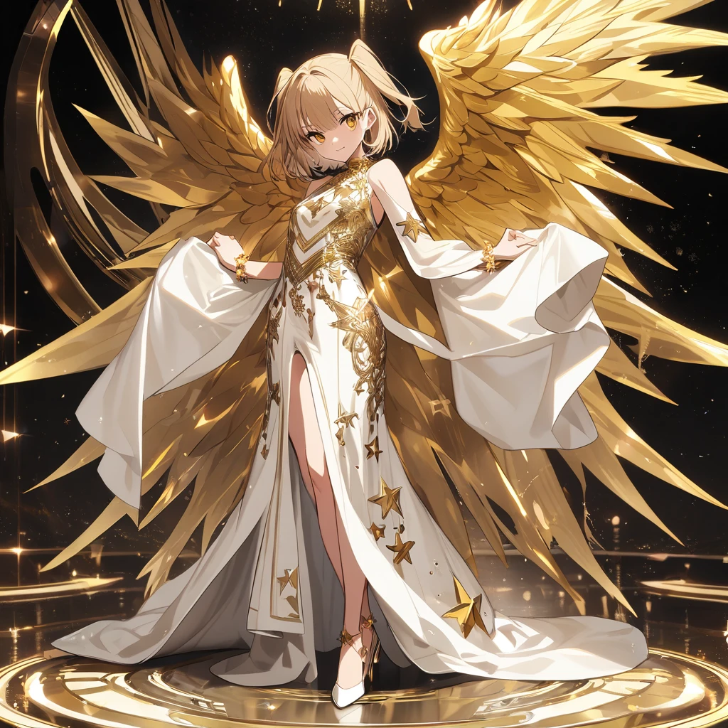 goddess(gold short hair, side-up hair, golden eyes, one-piece long dress, white high heels, golden wings, star-motif bracelet, cool)