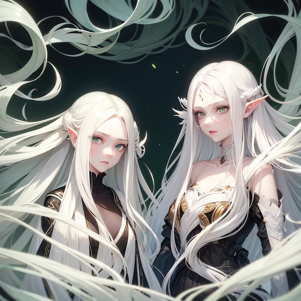 long white hair, possibly with loose locks framing her face. intense green eyes, with a mysterious and penetrating shine. Pale and soft skin, with a voluptuous and elegant complexion. Oval face, with high cheekbones and a thin nose. Thin lips painted a light red color. A more expensive skin similar to Kimimaro&#39;s, but with a more feminine and delicate design. A tight black suit, and a silhouette that enhances your feminine figure. An ethereal and mysterious presence, with an aura of power and elegance