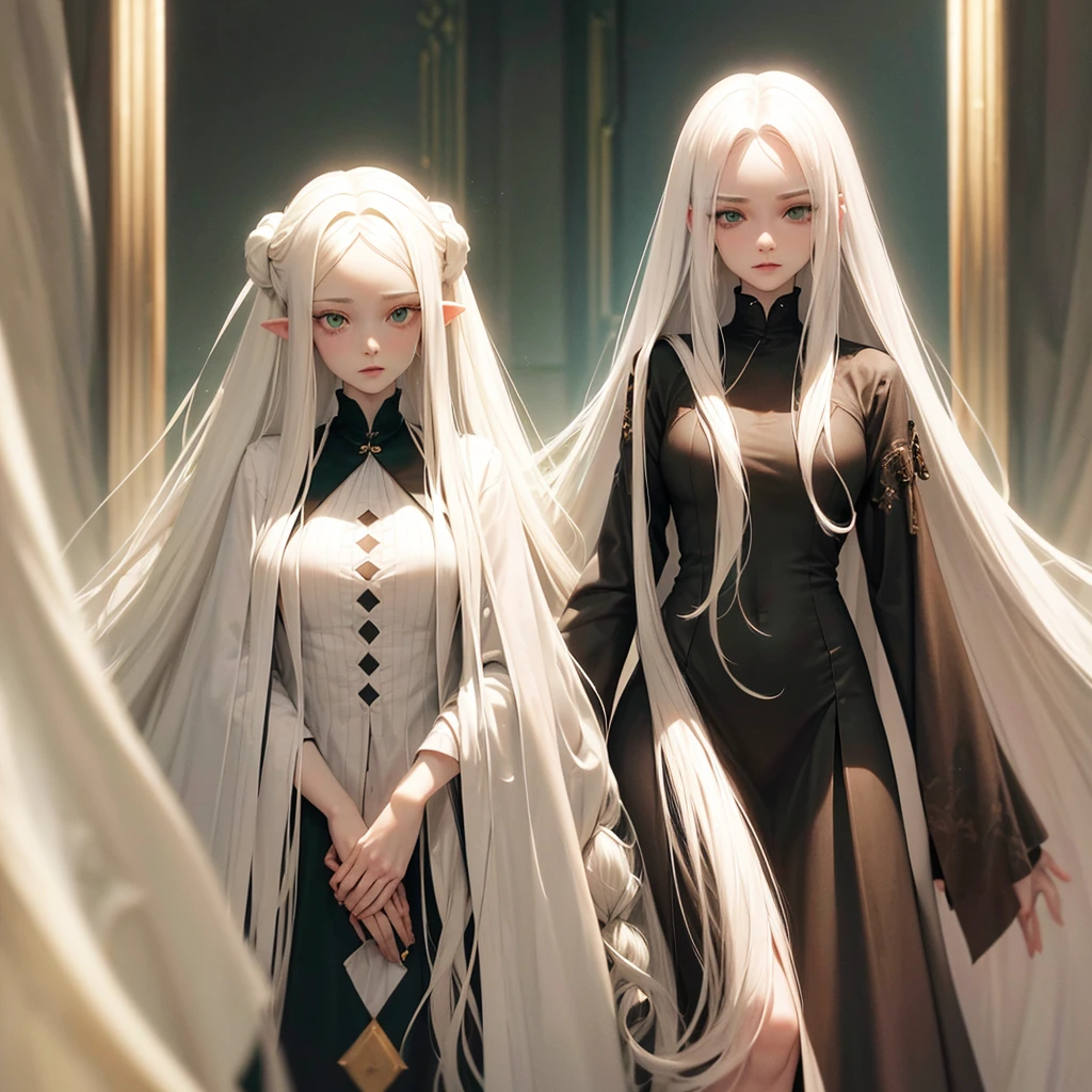 long white hair, possibly with loose locks framing her face. intense green eyes, with a mysterious and penetrating shine. Pale and soft skin, with a voluptuous and elegant complexion. Oval face, with high cheekbones and a thin nose. Thin lips painted a light red color. A more expensive skin similar to Kimimaro's, but with a more feminine and delicate design. A tight black suit, and a silhouette that enhances your feminine figure. An ethereal and mysterious presence, with an aura of power and elegance