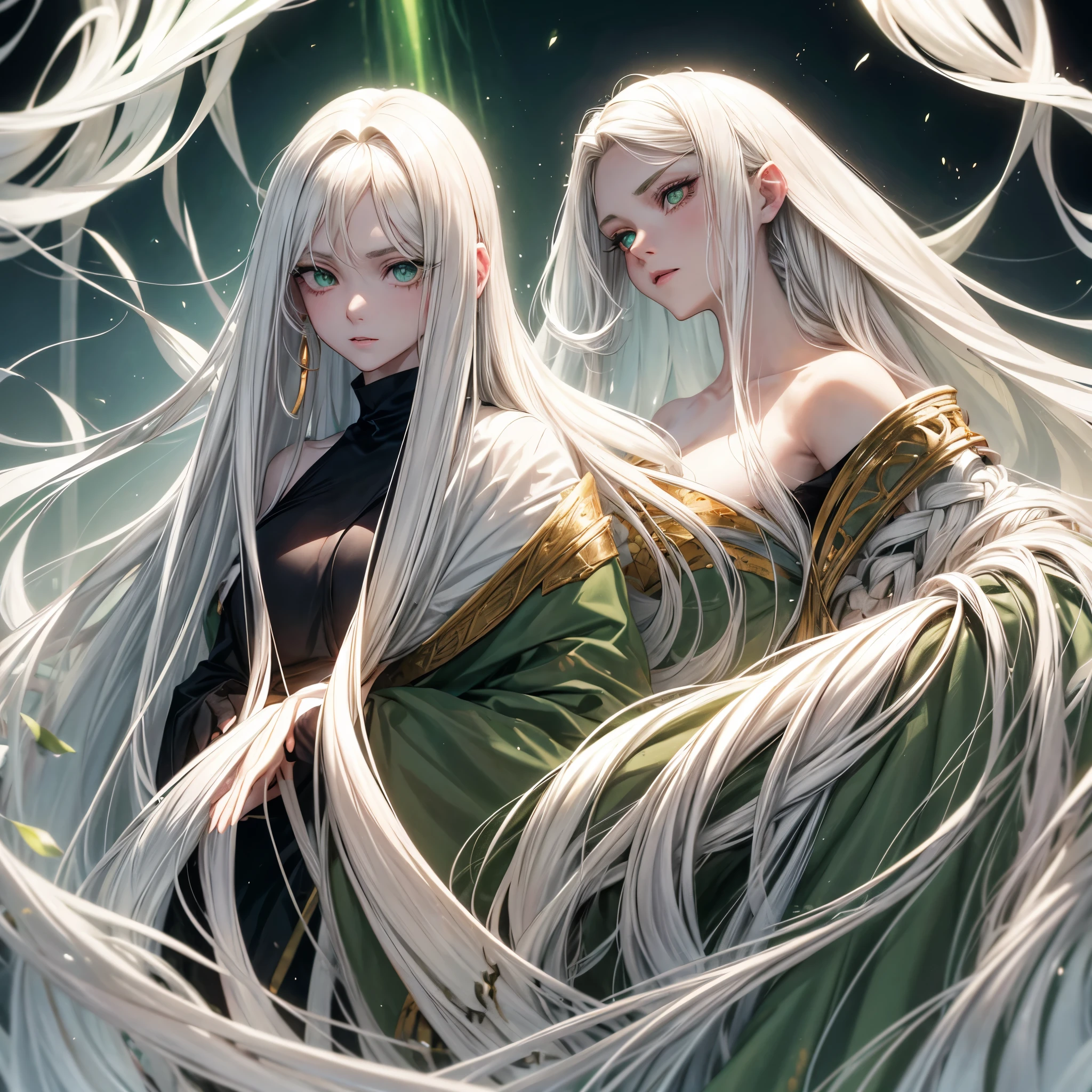 long white hair, possibly with loose locks framing her face. intense green eyes, with a mysterious and penetrating shine. Pale and soft skin, with a voluptuous and elegant complexion. Oval face, with high cheekbones and a thin nose. Thin lips painted a light red color. A more expensive skin similar to Kimimaro&#39;s, but with a more feminine and delicate design. A tight black suit, and a silhouette that enhances your feminine figure. An ethereal and mysterious presence, with an aura of power and elegance