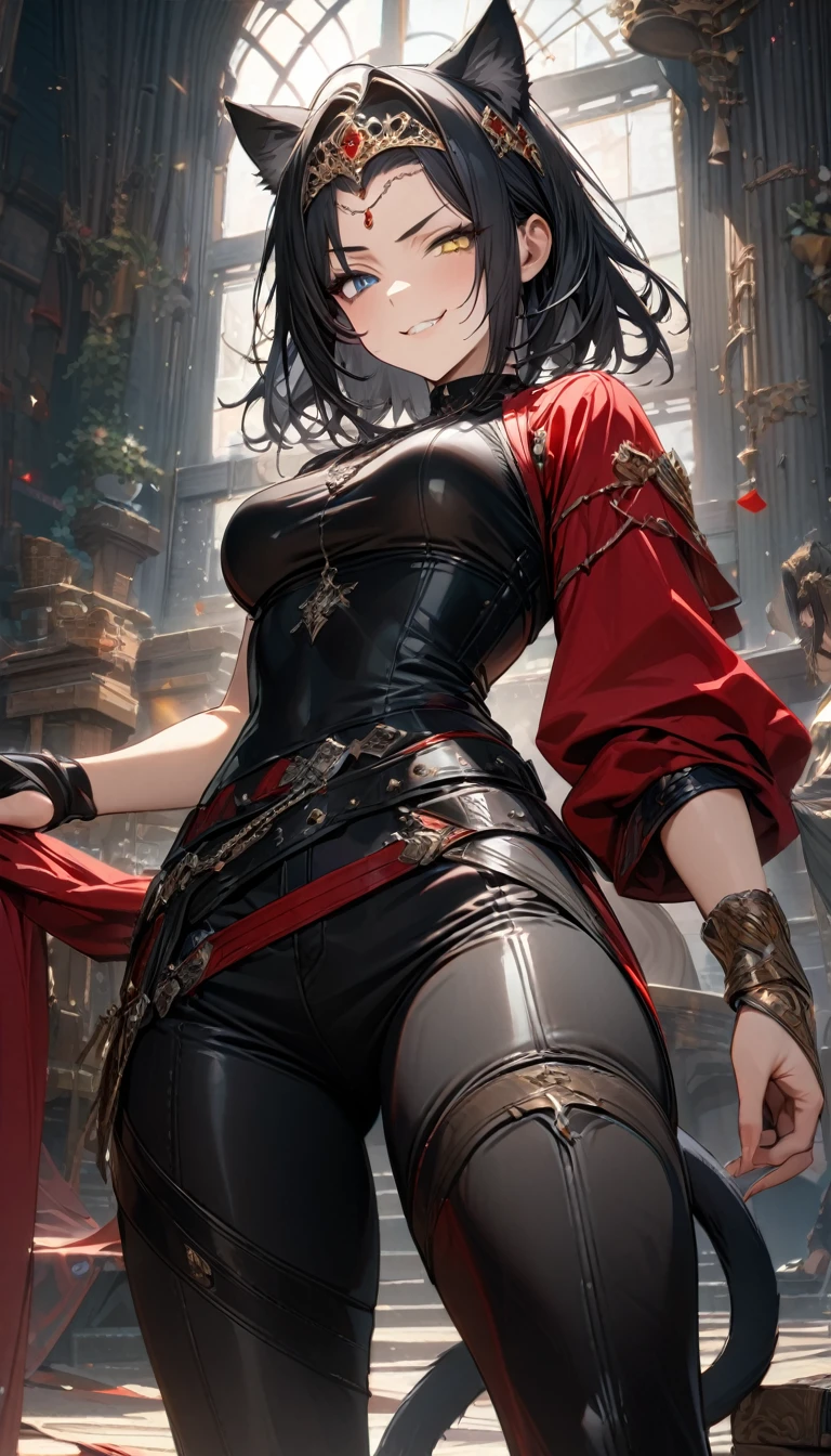 adult girl, long black hair, heterohromia, left eye blue, right eye yellow, red diadem, black general tight top, one long sleeve, red tight pants, cat ears, cat tail, smirk, Masterpiece, best quality, Full HD, 8k, ultra details, great graphic