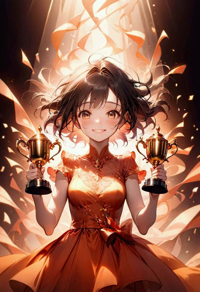 1girl, award-winning moment, emotional expression, joyful smile, hands raised in celebration, holding a trophy, dynamic pose, elegant dress, soft lighting, warm color palette, cinematic composition, octane render, 8k, highly detailed, masterpiece, best quality, very aesthetic, absurdres
