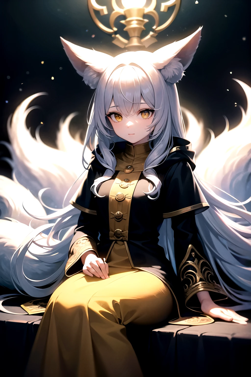 (high quality, best quality, 4k, 2k, (intricate:1.1), (high detail:1.3)), ((fantasy, abstract background)), (official wallpaper, volumetric lighting, dynamic lighting), 1girl, solo, (fox girl, fox ears, fox tail, matches hair color),very long hair, curly hair, black and white hair, (yellow eyes), druid, robe, hood, holding staff, jewelry, sitting, ((relaxed, calm, peaceful)) magical energy,