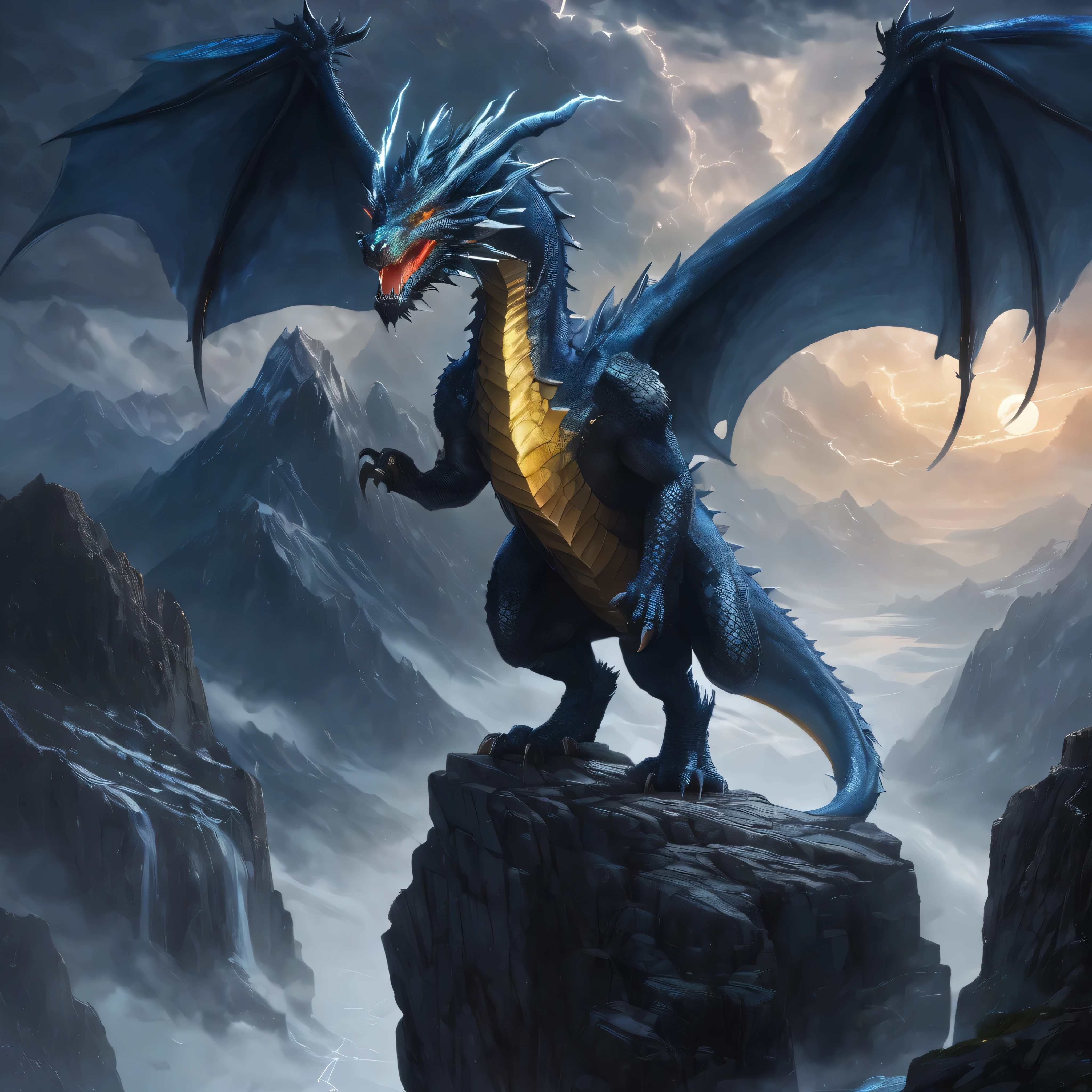  (A storm dragon with 2 wings standing on a high rocky ledge ), solo, lightning, clouds, rain, BREAK, mystical creature, realistic, ultra detailed, dynamic pose, moonlit night, detailed snowy mountain background