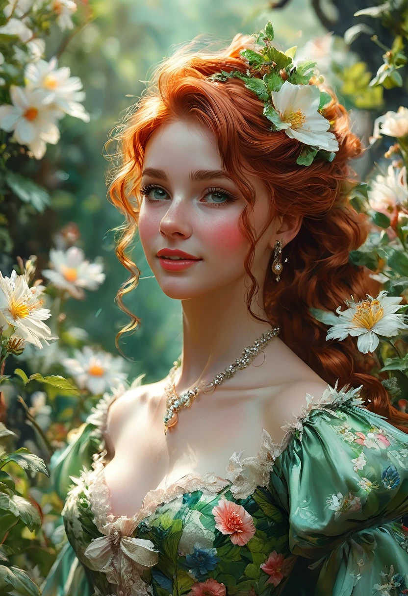 A red-haired girl 23 years old, vivacious and beautiful, in a beautiful delicate green floral dress. Her charming light red hair falls over her shoulders in thick waves. She has fair skin tone. Beautiful eyebrows. Round face, red lips. Dazzling smile. thin waist. in a garden in Paris, Eccentric. Official Art, Award Winning Digital Painting, Digital Illustration, Extreme Details, 4k, Ultra Hd, Rococo, Polished, Intricate, Realistic Fantasy Art, Soft Focus, Concept Art, Wlop Art, Artgerm, (2D Vector Illustration)