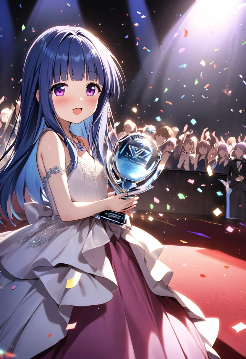 (Award-Winning Moment), (Rika Furude), Blue Hair, Purple eyes, Long Hair, blunt bangs, bangs, 1 girl, (Award Ceremony), Luxury Dresses, Spotlight, applause,  necklace, Crystal Moon Trophy, (confetti),  stage, Red carpet, (Luxury venue)