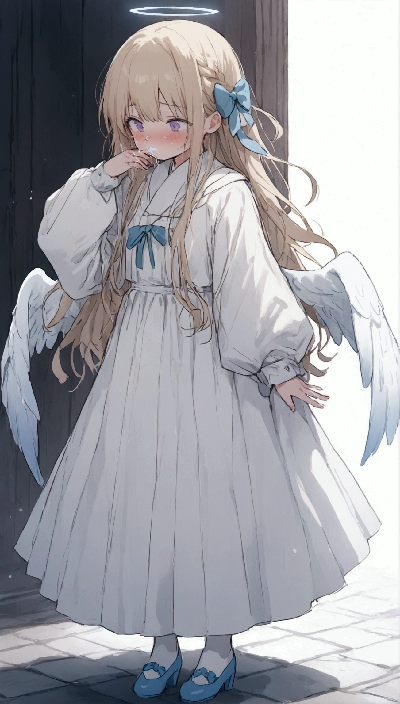 anime. Young woman. an angel. a cold, runny nose.sneezes. standing. full length.  Full body. 8 K. Ultra high quality. Highest resolution.
