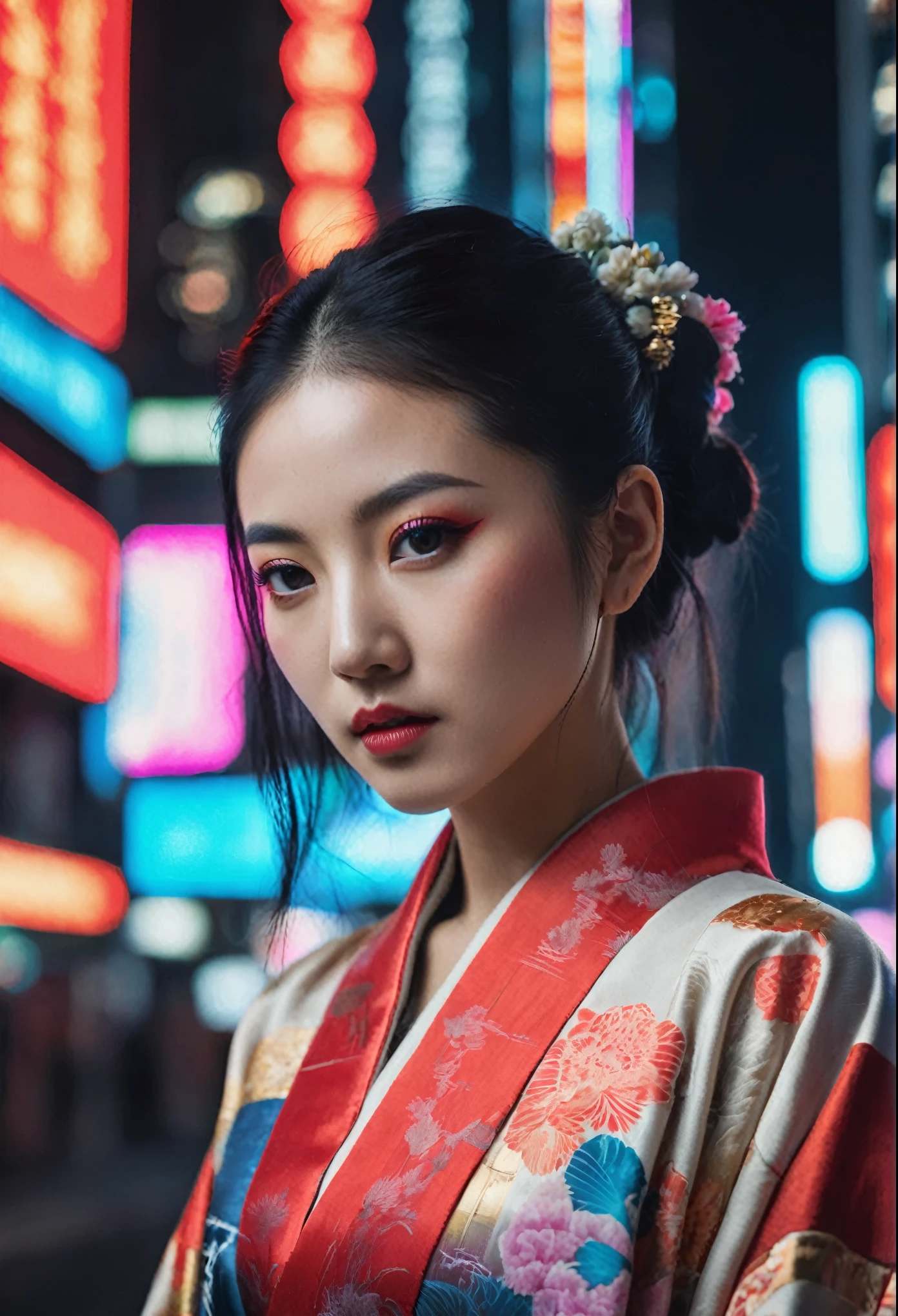 high qualiy, realisitic, extradetailed, face detailed, japanese, Uma garota japanese em um quimono tradicional está em uma cidade cyberpunk moderna cercada por altos arranha-céus, flickering neon signs and colorful lights.
(((photo from afar
)))