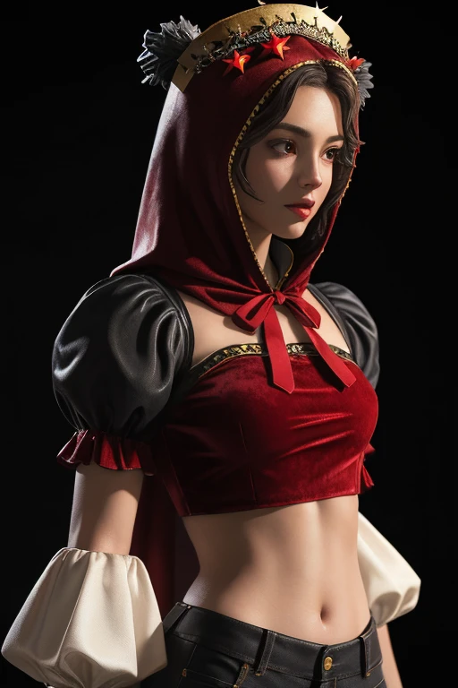 ((extreme detail)),(ultra-detailed), extremely detailed CG unity 8k wallpaper, velvet, figurine, red hood, crop top, star headdress, puffy sleeves, lips, looking away, close-up, head turn, black background
