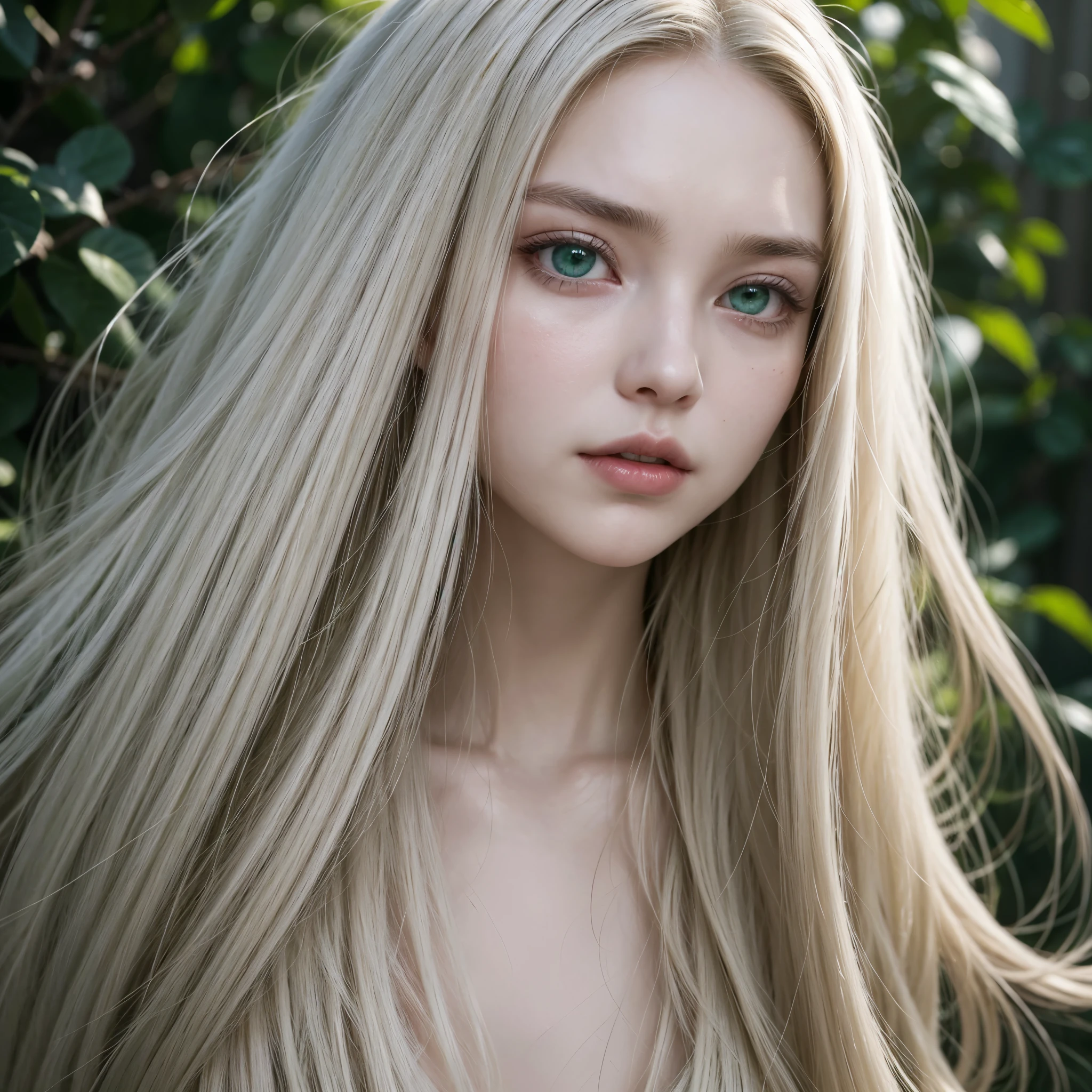 long white hair, possibly with loose locks framing her face. intense green eyes, with a mysterious and penetrating shine. Pale and soft skin, with a slim and elegant build. Oval face, with high cheekbones and a thin nose. Thin, dark red lips. A more expensive skin similar to Kimimaro's, but with a more feminine and delicate design. A tight black suit, and a silhouette that enhances your feminine figure. An ethereal and mysterious presence, with an aura of power and elegance