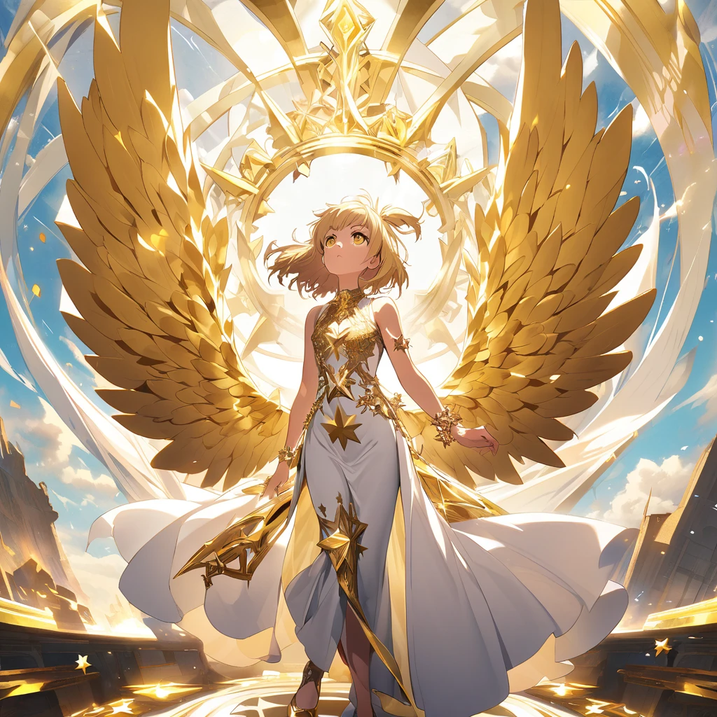 goddess(gold short hair, side-up hair, golden eyes, one-piece long dress, white high heels, golden wings, star-motif bracelet, cool), looking up, have 1 sword,