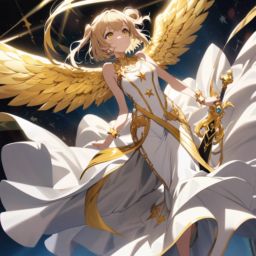 goddess(gold short hair, side-up hair, golden eyes, one-piece long dress, white high heels, golden wings, star-motif bracelet, cool), looking up, have 1 sword,