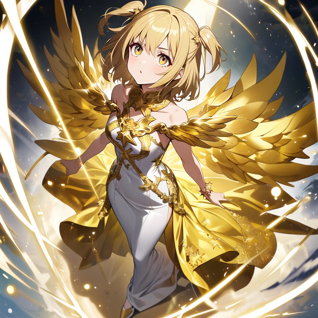 goddess(gold short hair, side-up hair, golden eyes, one-piece long dress, white high heels, golden wings, star-motif bracelet, cool), looking up, have 1 sword,