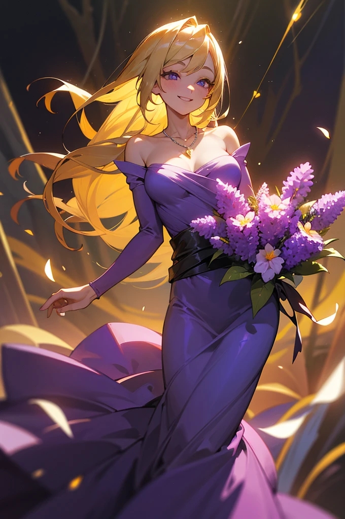 Honey blonde hair, amethyst eyes, stunning female, joyful smile, twilight, 6k resolution, forest glade, fireflies, young woman, cheerful expression, shoulder-length hair, waist-up shot, glowing lavender necklace, broad smile, lavender gem on chest, lithe, toned build, fit, purple dress, lavender necklace, no freckles, bouquet of flowers in hand, sandals.