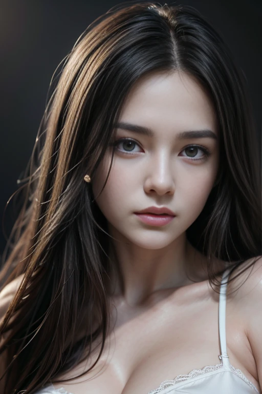 arafed woman with long hair and a white bra top, realistic digital drawing, realistic digital painting, drawn with photoshop, realistic digital art 4 k, realistic digital art 4k, realistic digital art, portrait digital art, photorealistic artstyle, black and white filter, detailed beauty portrait, great digital art with details, detailed realistic face, hyperrealistic teen
