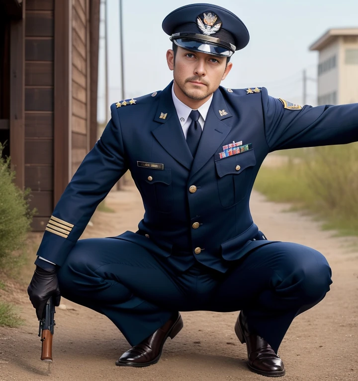 40 years old,One Man,、American　cavalry、wilderness、Navy blue cavalry uniform。Squat with your legs wide apart、Hold a gun,logic,Gay ,Very short hair,Stubble,Cool handsome guy、The  area is bulging