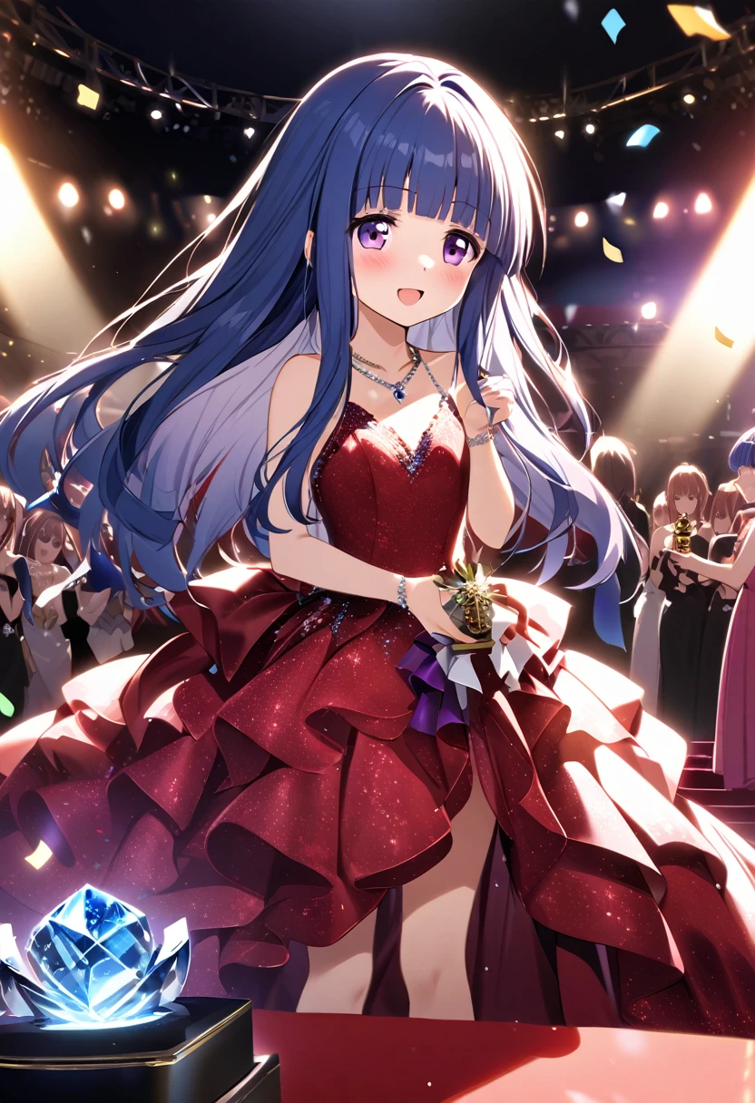 (Award-Winning Moment), (Rika Furude), Blue Hair, Purple eyes, Long Hair, blunt bangs, bangs, 1 girl, (Award Ceremony), Luxury Dresses, Spotlight, applause, necklace, Crystal Moon Trophy, (confetti), stage, Red carpet, (Luxury venue)
