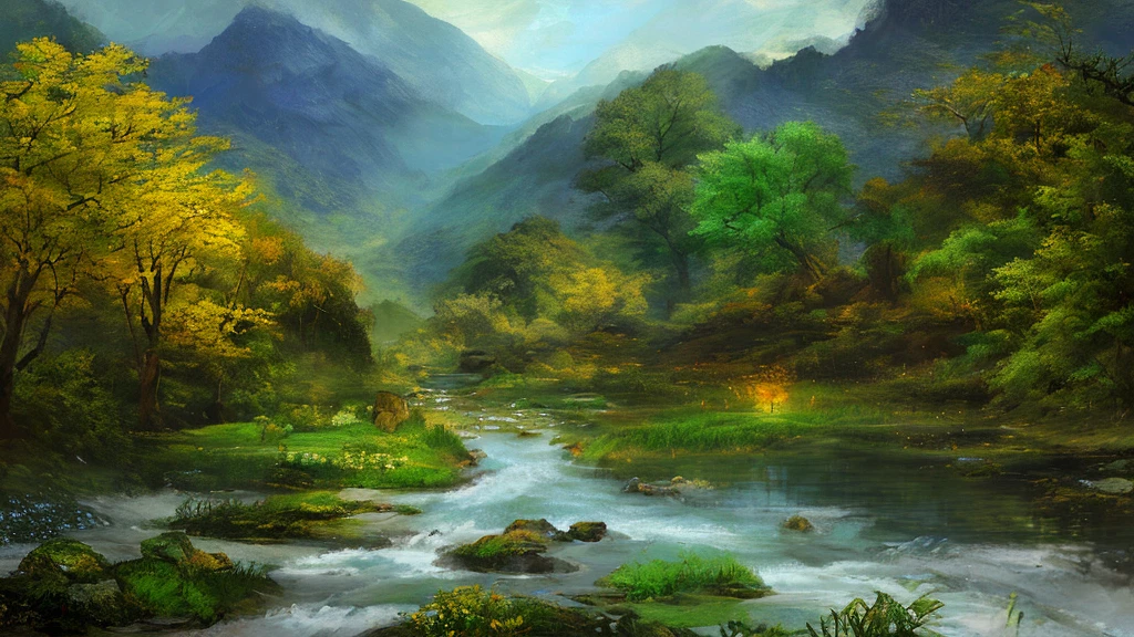 Ultra-clear details reveal landscapes of tranquil small villages nestled by the river, capturing the serene atmosphere with top light illumination. The primary tone is a highly saturated green, reminiscent of lush vegetation and meandering waterways. The composition adheres to the golden section, creating a harmonious balance between the elements. This scene is painted in watercolor style, paying homage to the masterful techniques of artist J.M.W. Turner, whose work is renowned for its captivating depictions of nature and light.