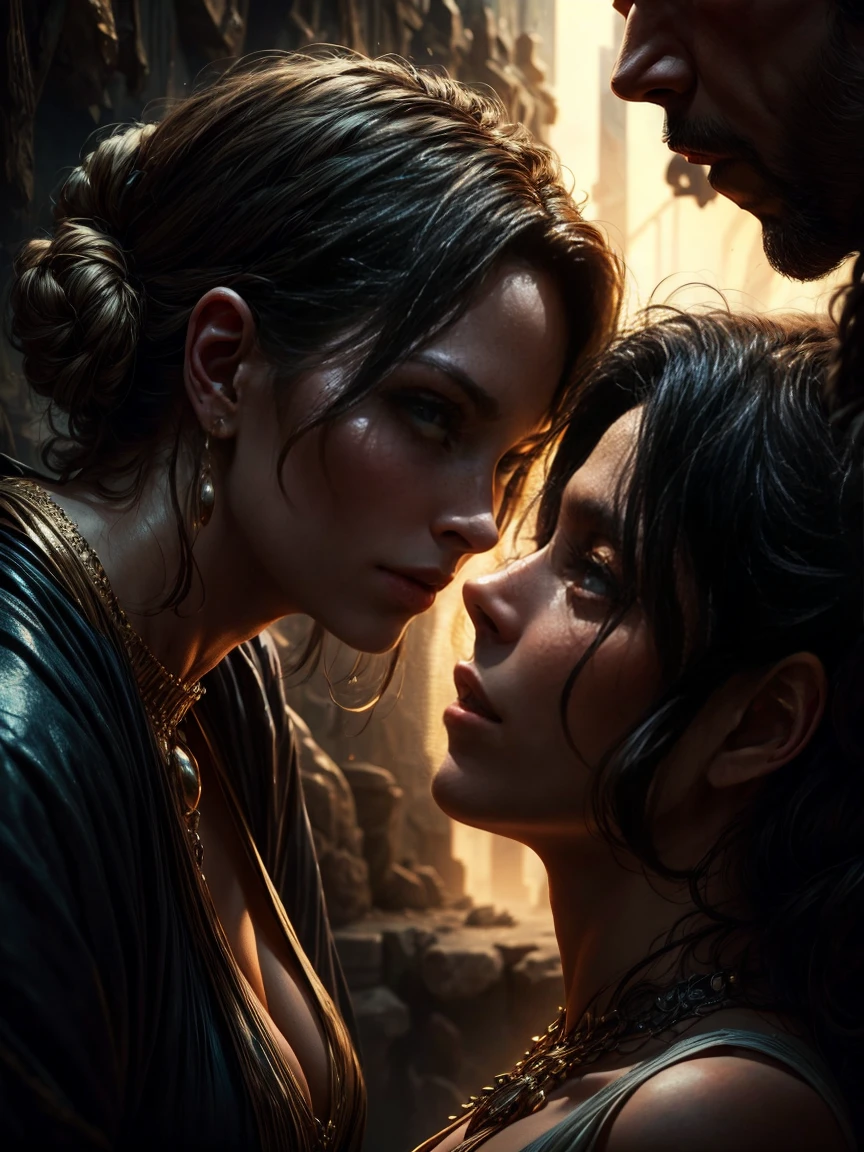 In the foreground, Delilah and Circea, a mysterious and attractive woman and man, with an enigmatic and treacherous look. ancient and biblical vertigo. hyper realistic, cinematic, poignard dans la main