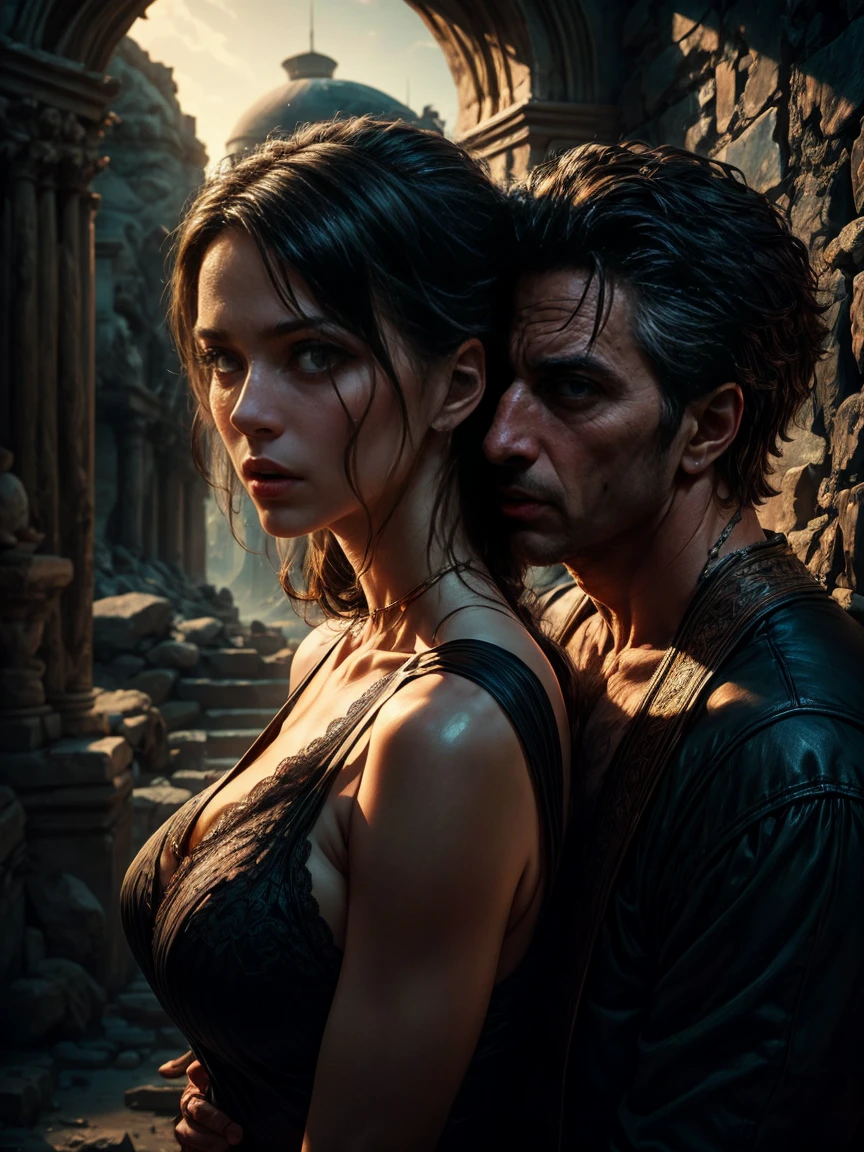 In the foreground, Delilah and Circea, a mysterious and attractive woman and man, with an enigmatic and treacherous look. ancient and biblical vertigo. hyper realistic, cinematic, poignard dans la main