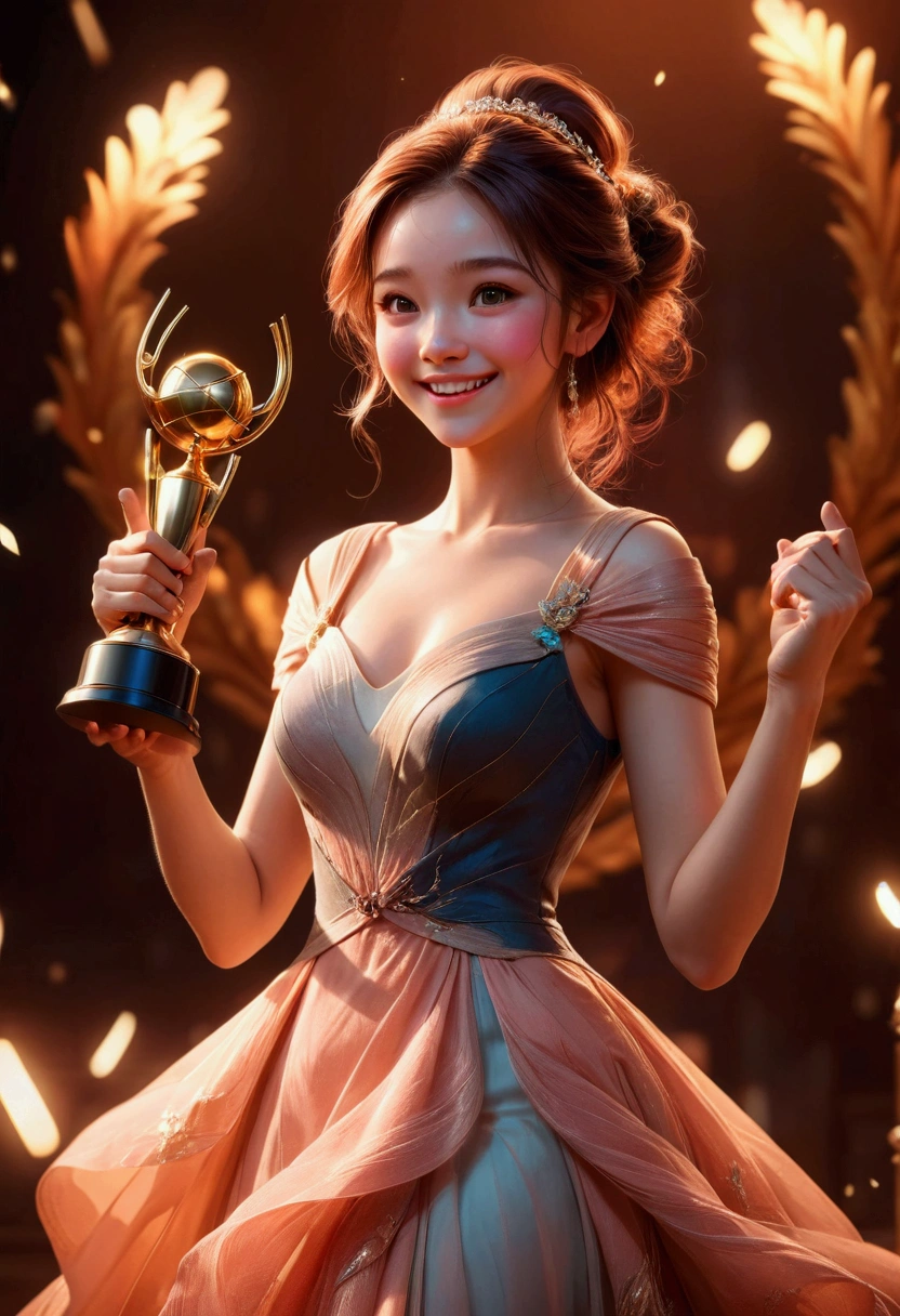 1girl, award-winning moment, emotional expression, joyful smile, hands raised in celebration, holding a trophy, dynamic pose, elegant dress, soft lighting, warm color palette, cinematic composition, octane render, 8k, highly detailed, masterpiece, best quality, very aesthetic, absurdres