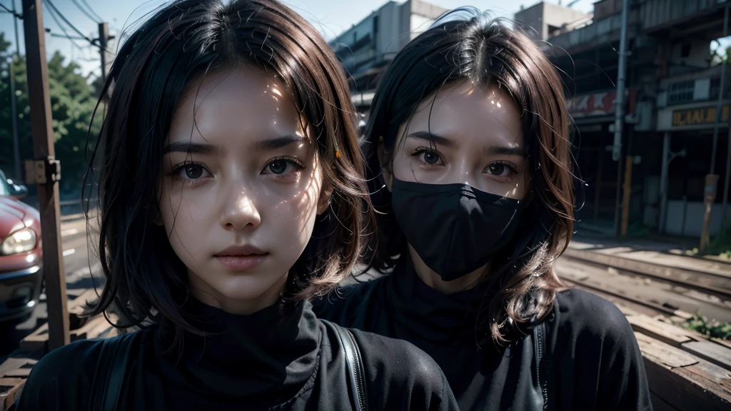 1 women in loose, lightweight black clothing, wearing a prominently visible balaclava, hanging by one hand from a track above a rusted roller coaster car, broken tracks and overgrown weeds, eerie atmosphere, sense of mystery and solitude, suspenseful mood, close-up shot from the car, shallow depth of field, soft, diffused lighting. Dark atmosfer.mask in face.8k