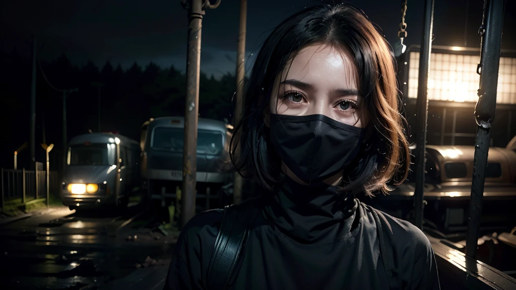  1 women in loose, lightweight black clothing, wearing a prominently visible balaclava, hanging by one hand from a track above a rusted roller coaster car, broken tracks and overgrown weeds, eerie atmosphere, sense of mystery and solitude, suspenseful mood, close-up shot from the car, shallow depth of field, soft, diffused lighting. Dark atmosfer.mask in face.8k