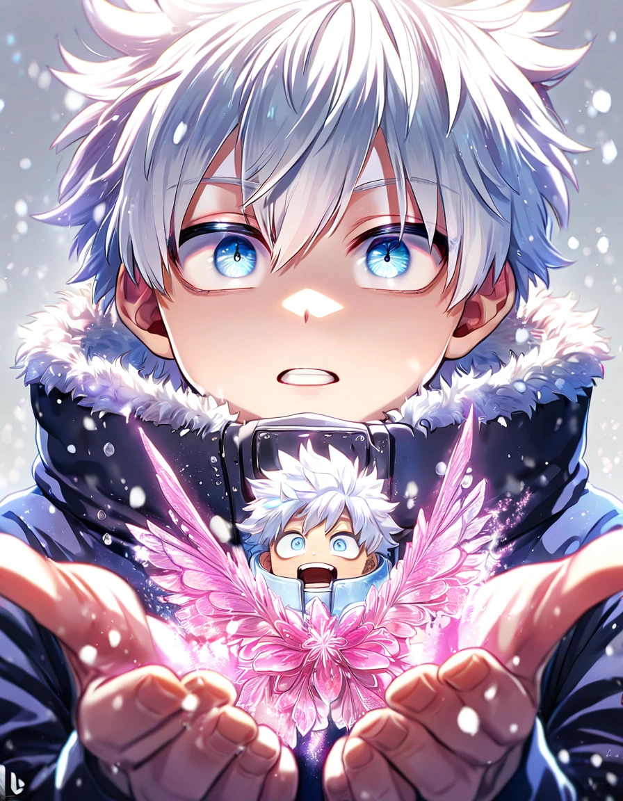 absurdres, highres, ultra detailed, HDR, master piece, best quality, extremely detailed face, delicated features, Himura Kirei, white hair, messy hair, expressive blue eyes, Boku No Hero Academia, Gojou Satoru as a kid, white hair, expressive blue eyes, white eyelashes, a handsome adult man holding a kid, black coat, light-blue coat with fur, fantasy, magical, pink ice butterflies, pink ice flowers, pink, pink snowflakes, winter, snow, snowing