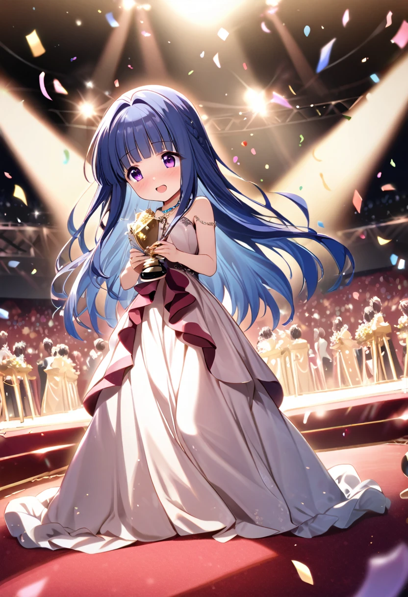 (Award-Winning Moment), (Rika Furude), Blue Hair, Purple eyes, Long Hair, blunt bangs, bangs, 1 girl, (Award Ceremony), Luxury Dresses, Spotlight, applause, necklace, Small Crystal Trophy, (confetti), stage, Red carpet, (Luxury venue)
