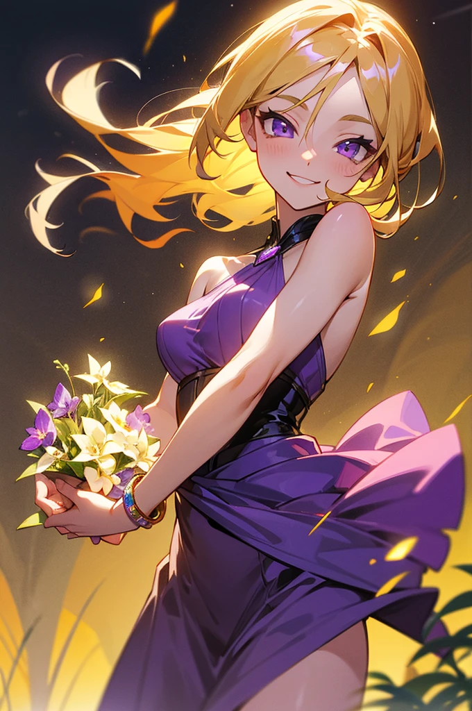 Golden blonde hair, violet eyes, stunning female, joyful smile, twilight, 6k resolution, meadow, fireflies, young woman, cheerful expression, shoulder-length hair, waist-up shot, glowing amethyst bracelet, broad smile, amethyst gem on wrist, lithe, toned build, fit, purple dress, amethyst bracelet, no freckles, bouquet of flowers in hand, sandals.