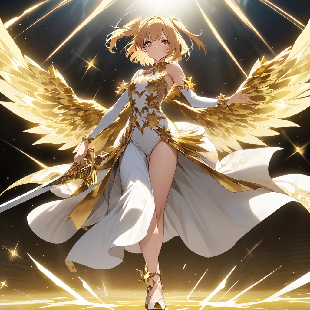 goddess(gold short hair, side-up hair, golden eyes, one-piece long dress, white high heels, Golden Wings, star-motif bracelet), Bottom view, have 1 sword,