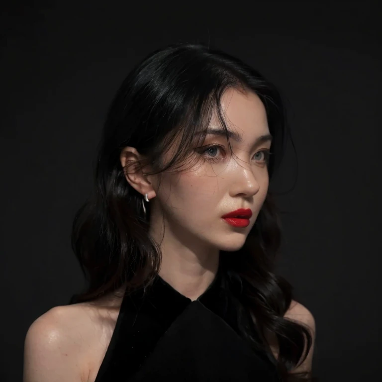 photo d'une femme, Qualité 4K, tout le corps, rouge à levres rouge, fond noir, Cheveux mit long noir derriere les oreilles, IrréalisteRêve