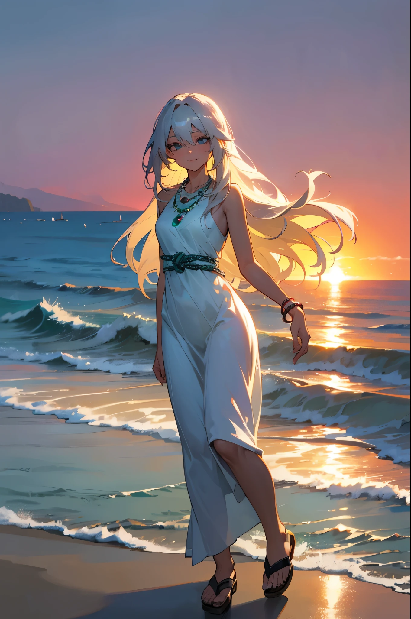 Silver hair, emerald eyes, beautiful female, serene expression, sunset, 8k resolution, cliffside, ocean waves, young woman, calm face, long hair, mid-shot, glowing jade necklace, gentle smile, jade gem on chest, slender, graceful build, athletic, white dress, jade necklace, no scars, seashell in hand, sandals.

